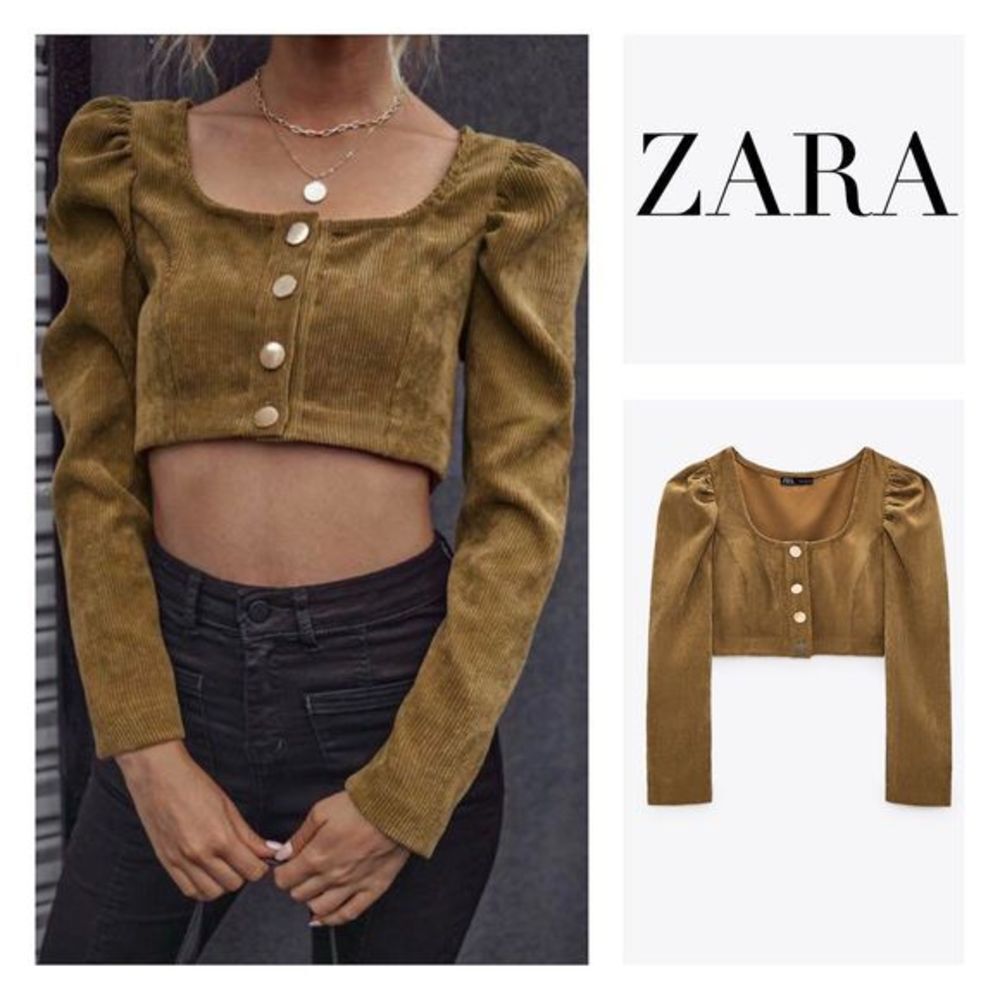 Zara Corduroy Tan Puff Long Sleeve Crop Top Size S